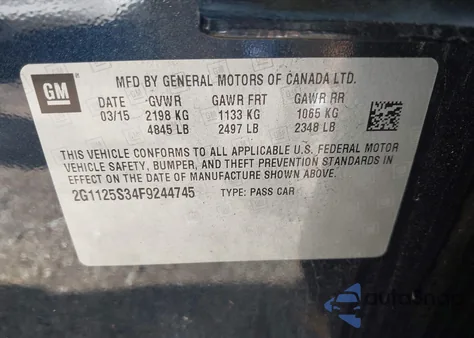 2015 Chevrolet Impala 2Lt from USA, damaged, VIN 2G1125S34F9244745